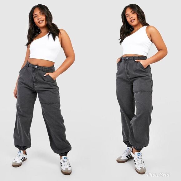 Boohoo PLUS MID RISE UTILITY DENIM CARGO JOGGERS - Picture 1 of 9